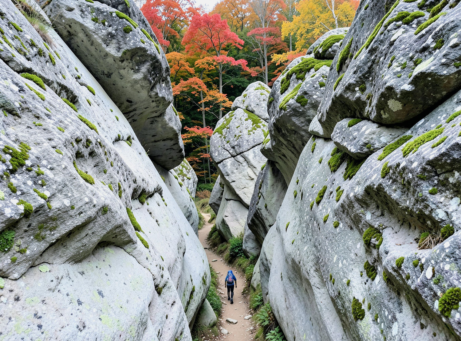 hiking trail between Mullerthal like rocks with tiny hiker